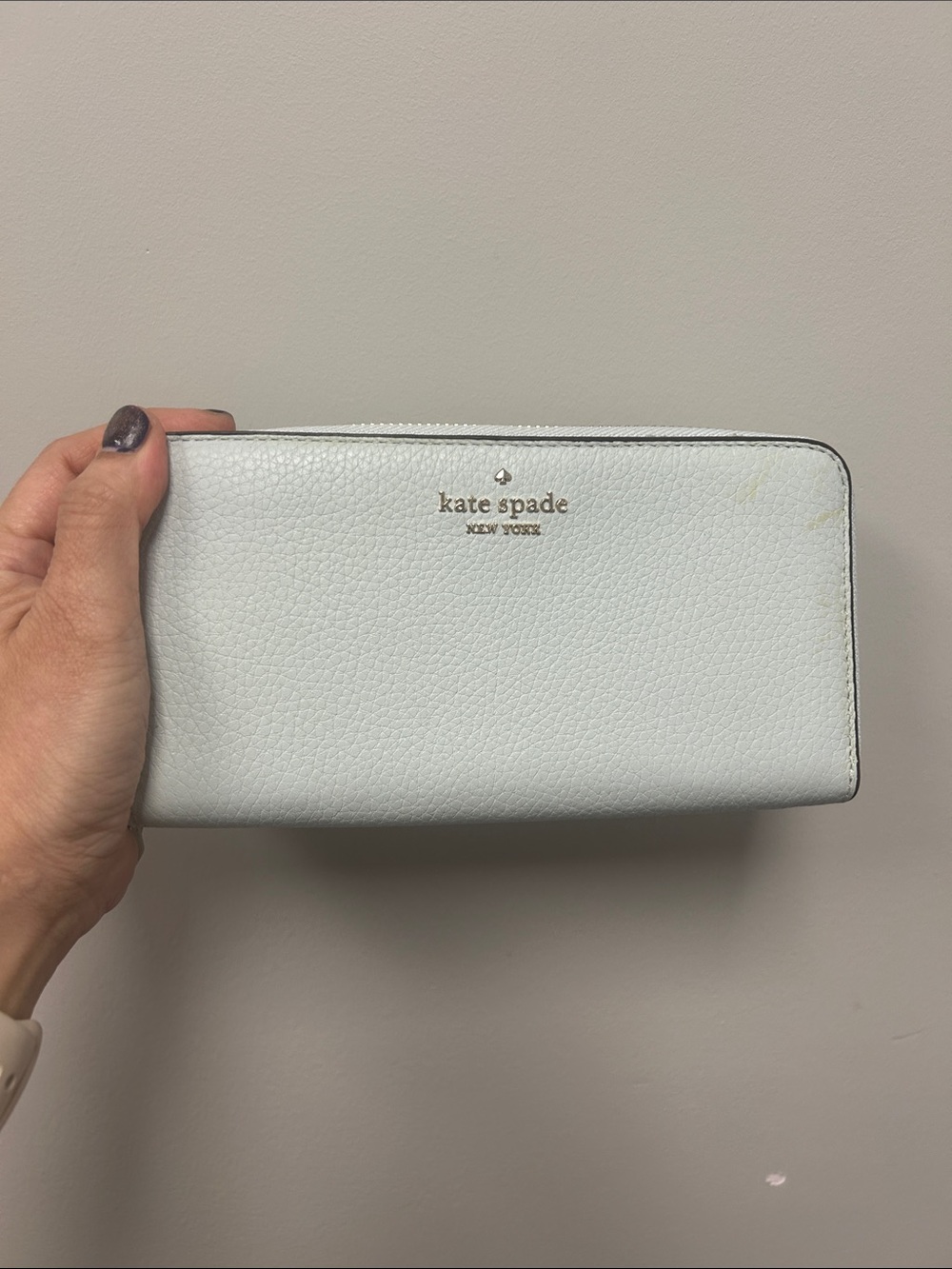 kate spade pale blue zip-around pebble leather wallet